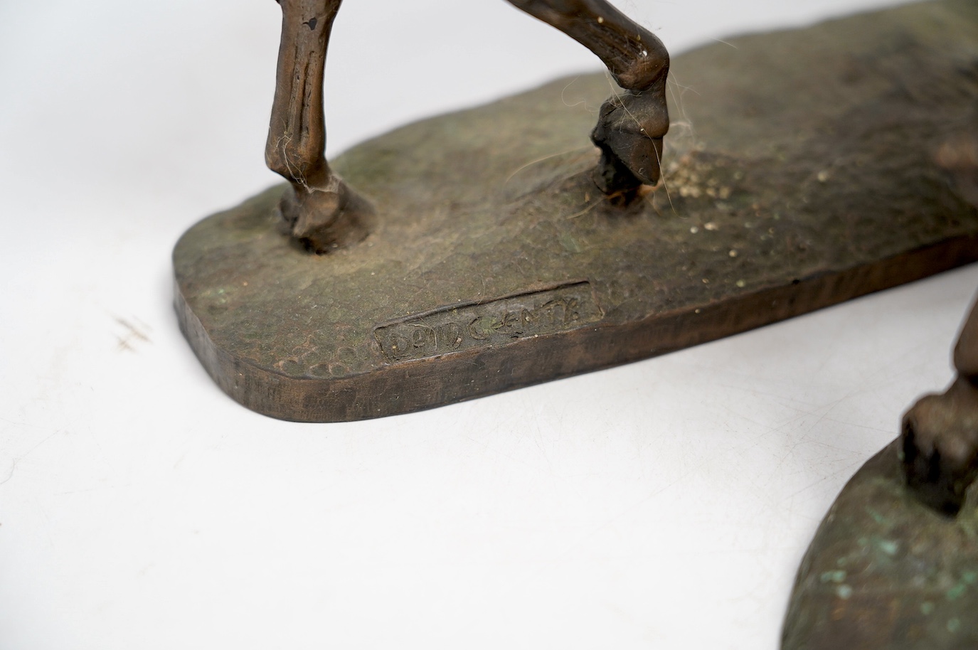 Harriet Glen and David Crenty, two cold cast resin bronze equestrian groups, 32cm wide. Condition - good